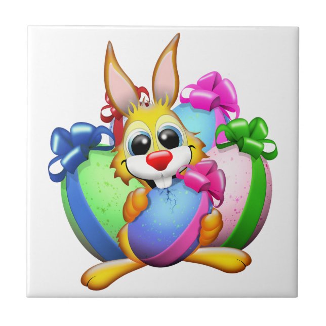 Lustiger Hase beißt in ein Osterei Fliese (Vorderseite)