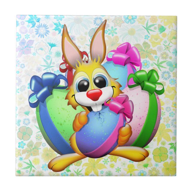 Lustiger Hase beißt in ein Osterei Fliese (Vorderseite)