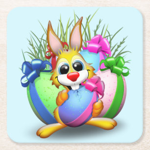 Lustiger Hase beißt in ein Osterei Rechteckiger Pappuntersetzer