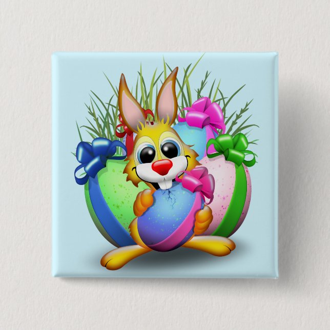 Lustiger Hase, der ein Osterei beißt Button (Vorderseite)