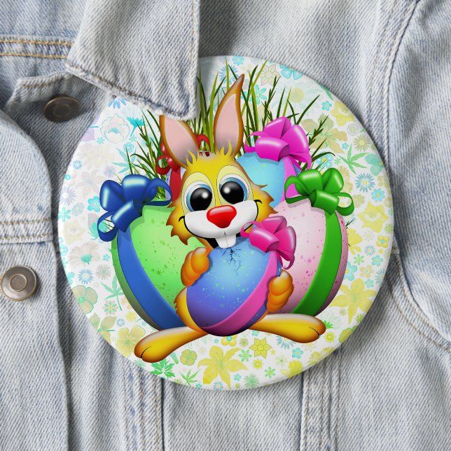Lustiger Hase, der ein Osterei beißt Button (Beispiel)
