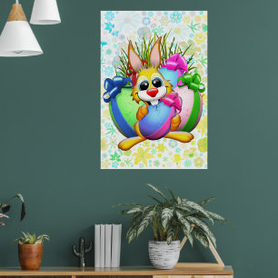 Lustiger Hase, der ein Osterei beißt Poster