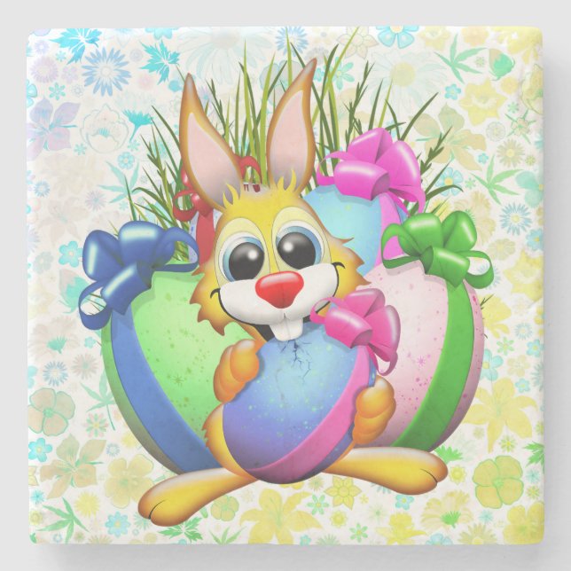 Lustiger Hase, der ein Osterei beißt Steinuntersetzer (Vorderseite)