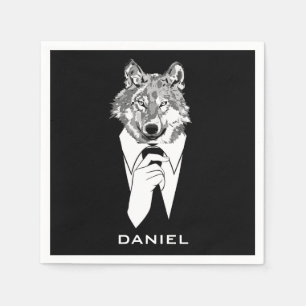 Lustiger Hipster-Wolf mit schwarzem Smoking person Serviette