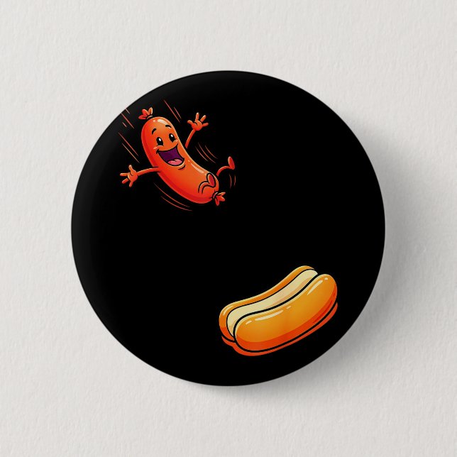 Lustiger Hotdog springt in Brötchen Wurst BBQ hoch Button (Vorderseite)
