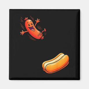 Lustiger Hotdog springt in Brötchen Wurst BBQ hoch Magnet