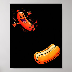 Lustiger Hotdog springt in Brötchen Wurst BBQ hoch Poster