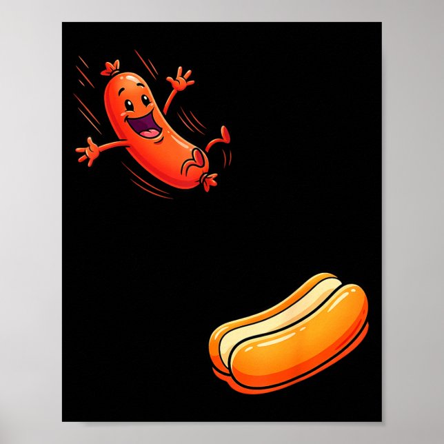 Lustiger Hotdog springt in Brötchen Wurst BBQ hoch Poster (Vorne)