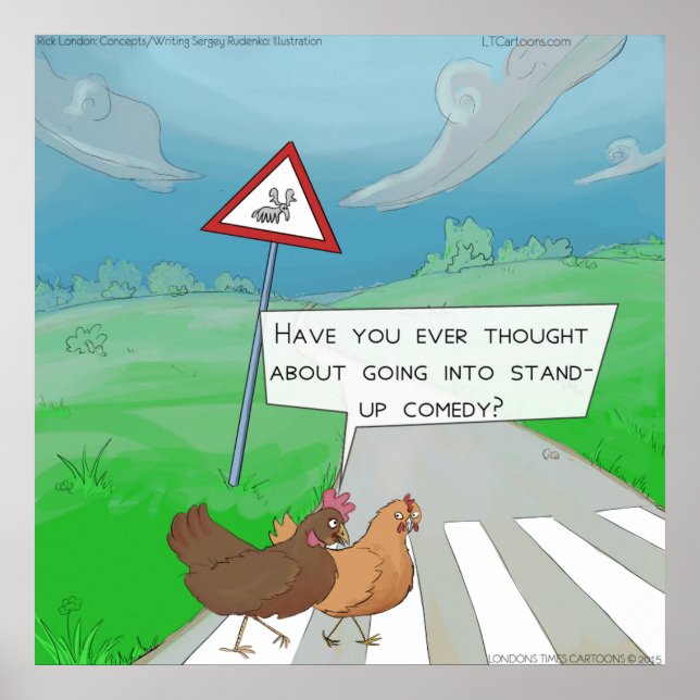 Lustiger Hühner-Überquerung-Straßen-Cartoon-Poster Poster (Vorne)
