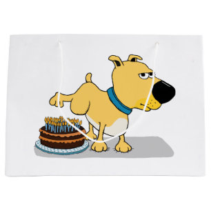 Lustiger Hund, der auf Geburtstags-Kuchen pinkelt Große Geschenktüte
