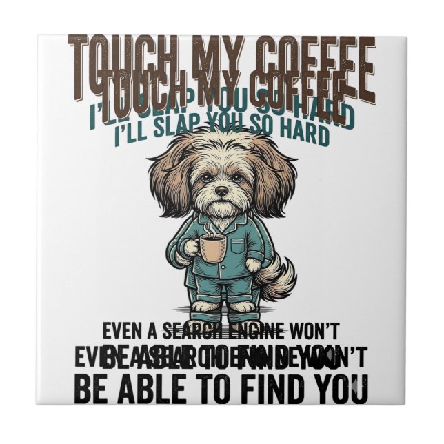 Lustiger Hund Kaffee Warnung Vintage Gravur Design Fliese (Vorderseite)