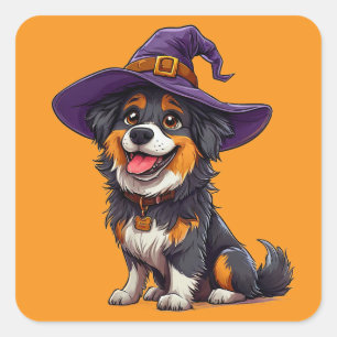 Lustiger Hund mit lila Zaubererhut Halloween Quadratischer Aufkleber