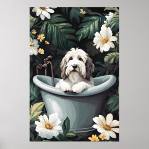 Lustiger Hund, Old English Sheepdog in der Badewan Poster