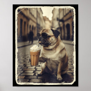 Lustiger Hund Pug trinkt eisgekühlten Kaffee Tier Poster
