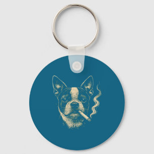 Lustiger Hund raucht Zigarette Boston Design Schlüsselanhänger