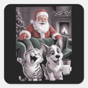 Lustiger Hund und Katzenselfie mit Weihnachtsmann Quadratischer Aufkleber
