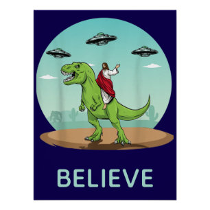 Lustiger Jesus Dinosaur UFO Glaube Retro Poster
