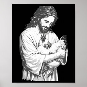 Lustiger Jesus hält Hühner christliche Farmtiere Poster