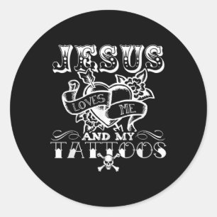 Lustiger Jesus liebt mich und meine Tattoos  Runder Aufkleber