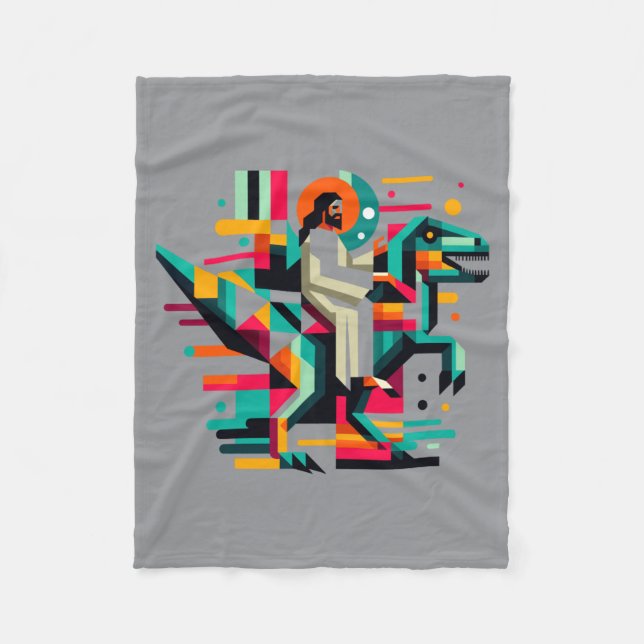 Lustiger Jesus Reitet T-Rex Dinosaurier Meme Parod Fleecedecke (Vorderseite)