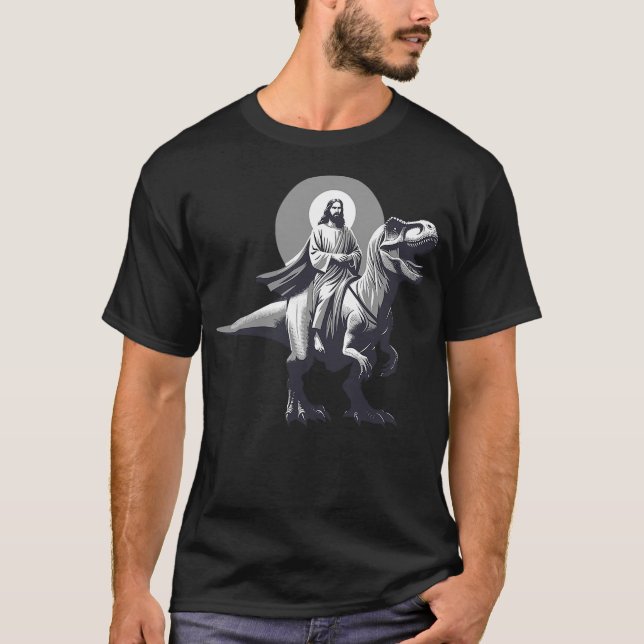 Lustiger Jesus reitet T-Rex Dinosaurier Meme Parod T-Shirt (Vorderseite)
