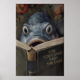 Lustiger Kabeljau liest ein Buch mit dem Titel Um Poster