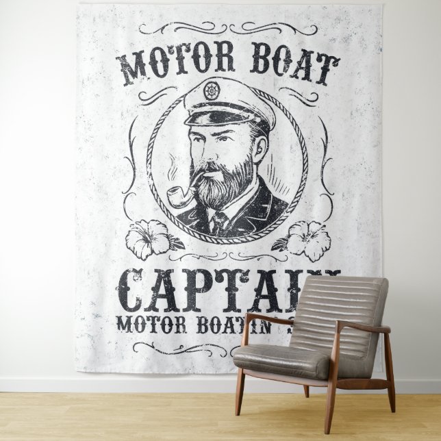 Lustiger Kapitän eines Motorboots, Pontoonbootfahr Wandteppich (Beispiel)