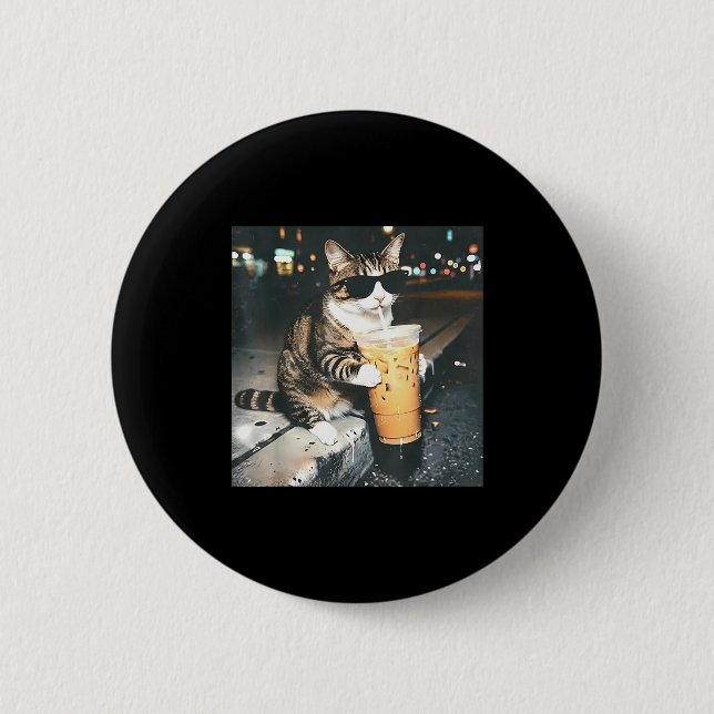 Lustiger Katze trinkt Eiskaffee lustiger Katzenlie Button (Vorderseite)