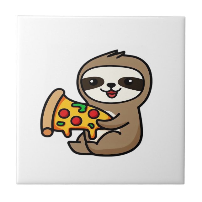 Lustiger Kawaii Chibi Faultier mit Pizza � Süße Ze Fliese (Vorderseite)