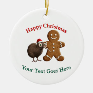 Lustiger Kiwi-Vogel in Santa-Hut und Lebkuchenmann Keramik Ornament
