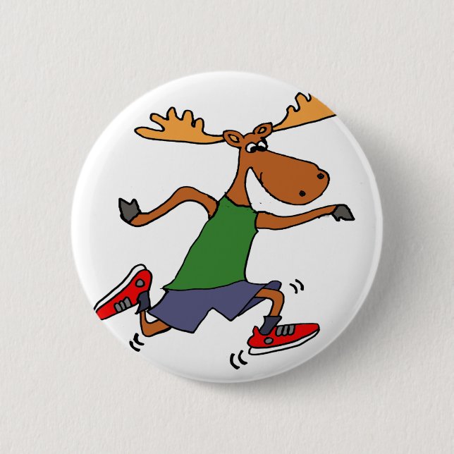 Lustiger laufender Elch-Cartoon Button (Vorderseite)