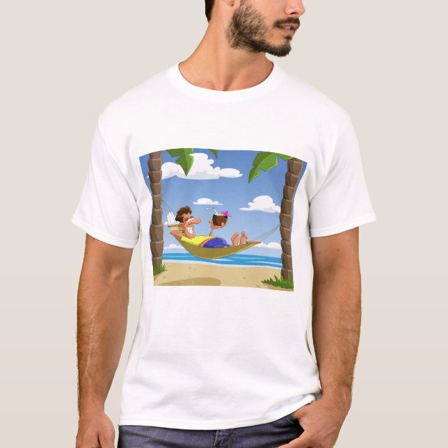 Lustiger Mann entspannt sich in der Strand-Hängema T-Shirt (Vorderseite)