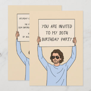 Lustiger Mann mit Schild 20. Geburtstag Einladung