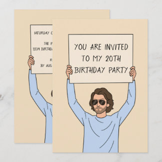 Lustiger Mann mit Schild 20. Geburtstag Einladung
