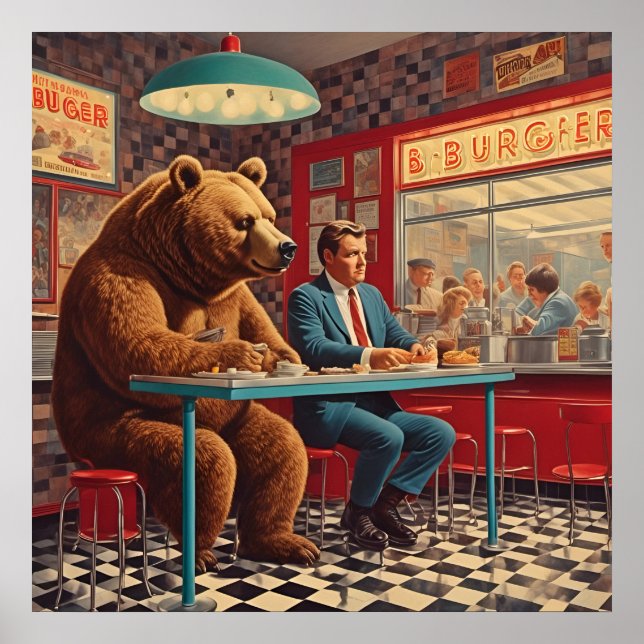 Lustiger Mann und Bär im Retro-Diner Poster (Vorne)