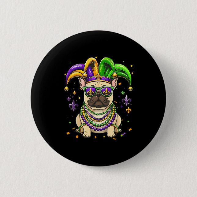 Lustiger Mardi-Gras-Perlen-französische-Bulldogge- Button (Vorderseite)