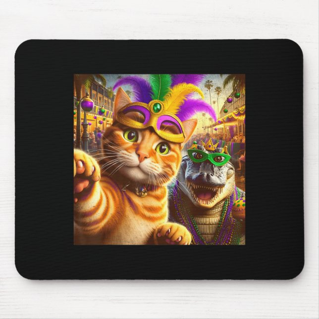 Lustiger Mardi Gras Selfie Katze Alligator Krokodi Mousepad (Vorne)