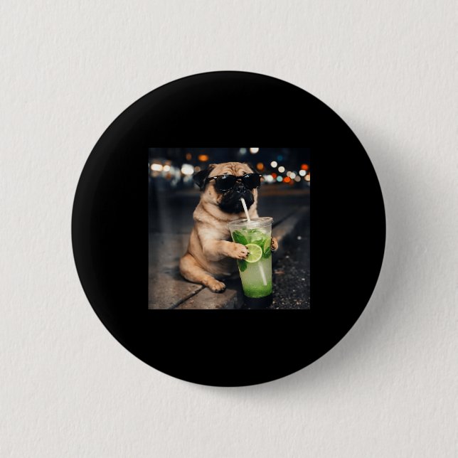 Lustiger Meme-Mops trinkt Mojito-Limonen-Minze  Button (Vorderseite)
