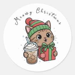 Lustiger Meowy Weihnachtskatze Eisgekühlter Kaffee Runder Aufkleber