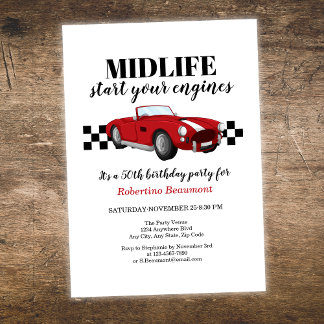 Lustiger Midlife-Vintage-Roter-Auto-50.-Geburtstag Einladung