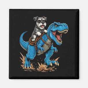 Lustiger Miniaturschnauzer reitet T-Rex-Dinosaurie Magnet