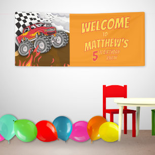 Lustiger Monster-Truck-Geburtstag Orange Willkomme Banner
