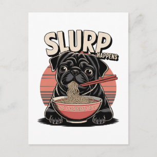 Lustiger Mops, der Ramen isst: Slurp passiert Feiertagspostkarte