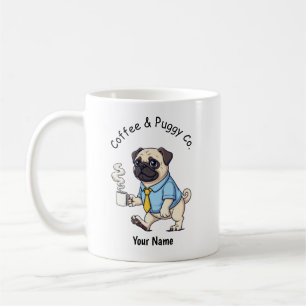 Lustiger Mops-Hund im Geschäftsanzug Kaffee Kaffeetasse