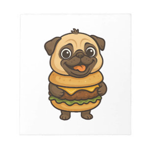 Lustiger Mops mit Hamburger Cheeseburger mythisch Notizblock
