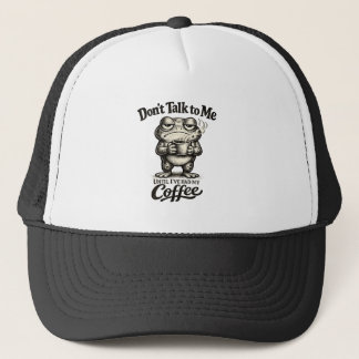 Lustiger mürrischer Frosch, der Kaffee trinkt Truckerkappe