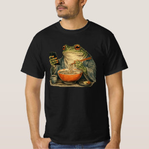Lustiger mürrischer Frosch isst Ramen und scrollt T-Shirt