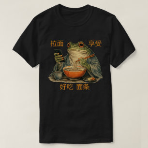 Lustiger mürrischer Frosch isst Ramen und scrollt T-Shirt