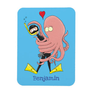 Lustiger Oktopus umarmt Taucher Cartoon Humor Magnet