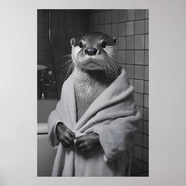 Lustiger Otter im Bademantel Druck, Badezimmer Hum Poster (Vorne)